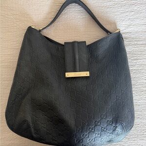 Gucci Guccissima Black Embossed Leather Shoulder Bag with Gold Plate